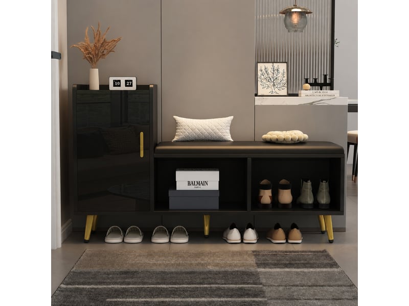 Meuble à chaussures avec banc rembourré, rangement 10 paires, porte et étagères réglables, noir brillant - Conforama B