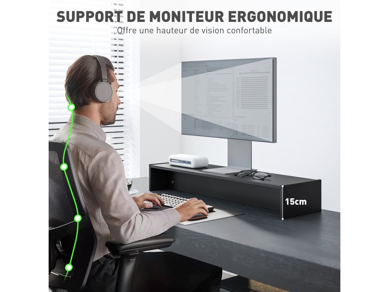  Rehausseur écran pc bureau support d'écran d'ordinateur de 100 cm support moniteur avec compartiments deux, noir  - Conforama A