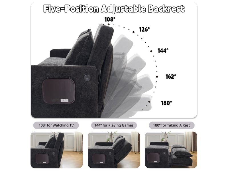 Canapé convertible corda, noir, fonction sommeil, usb, dossier réglable 5 positions, rangement, chenille - Conforama E