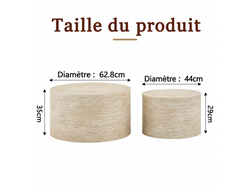  Set de 2 tables basses rondes gigognes avec rangement – mdf aspect bois – ø 62,8 et 44 cm  - Conforama D