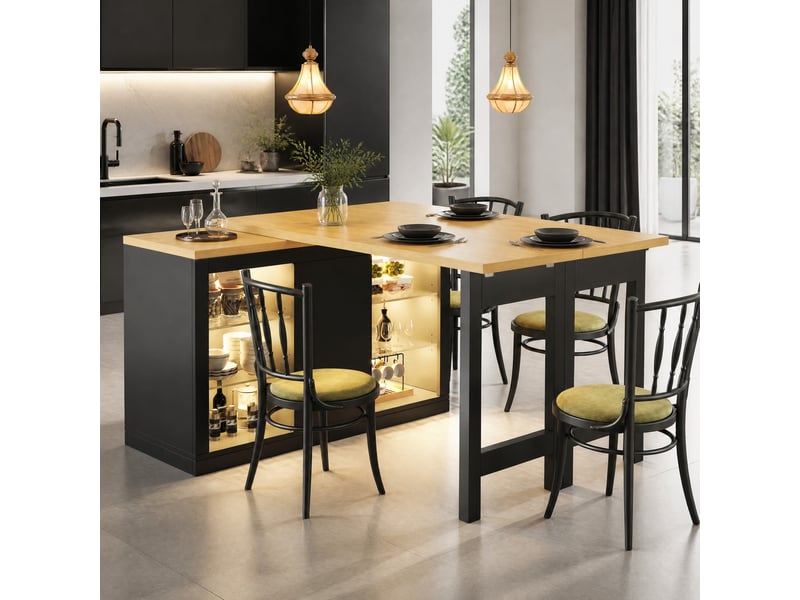  Îlot de cuisine avec table extensible et pivotante, led rgb, mdf noir  - Conforama B