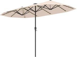 3,8m parasol de jardin extérieur double, grand parasol rectangulaire avec led coloré, manivelle, panneau solaire, 12 baleines (beige)