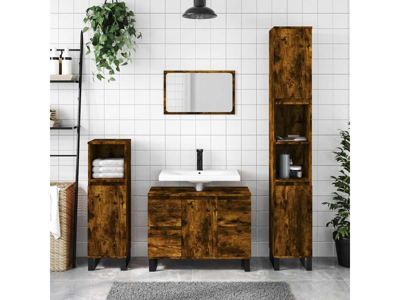  Meuble salle de bain rangement, commode chêne fumé 80x33x60cm bois d'ingénierie shl1668  - Conforama B