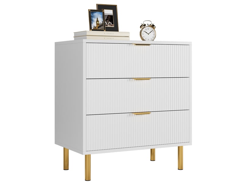  Commode 3 tiroirs cannelée moderne, meuble de rangement finition grain de bois, poignées dorées, pieds métal, 71 x 43 x 76 cm,blanc PHO_0ZGJJ5P4 - Conforama A