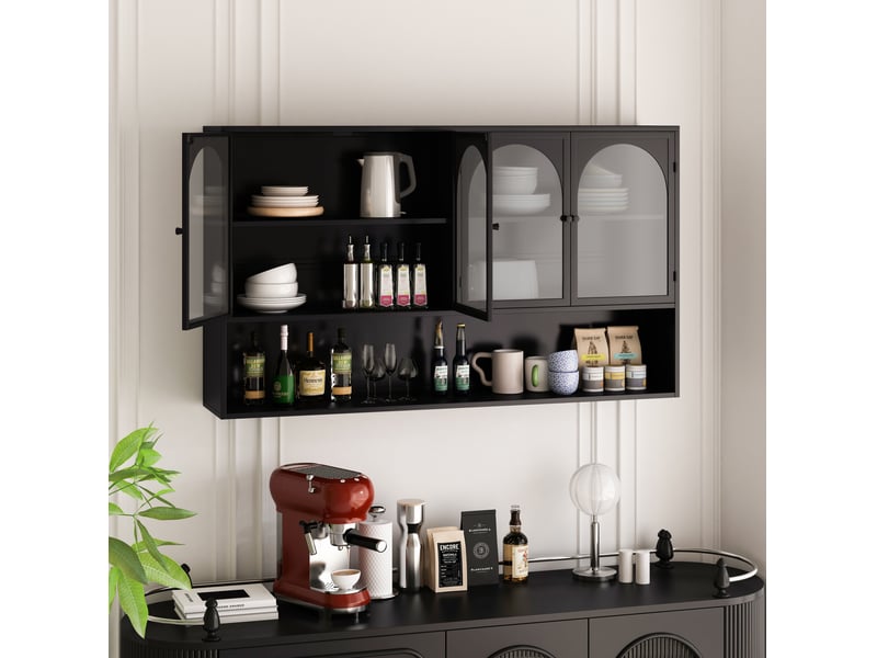  Armoire murale avec 4 portes en verre gris, rangement vertical pour cuisine, salon et salle de bain, noir, 120 × 23 × 70 cm  - Conforama D