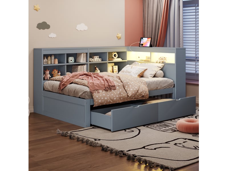  Modenvie lit banquette 90x200 cm - avec rangements, led et port usb - pour petit espace - gris  - Conforama E