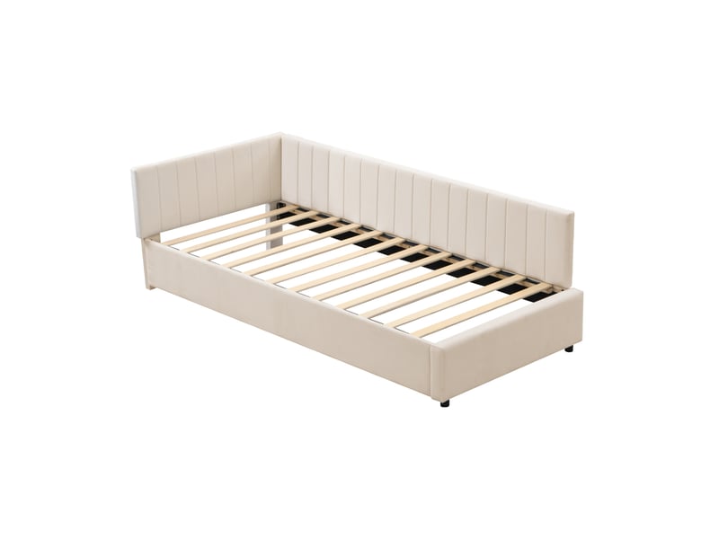  Canapé-lit enfant 90 x 200 cm avec sommier à lattes, cadre de lit 1 personne avec tete de lit rembourré, tissu velours, beige  - Conforama B