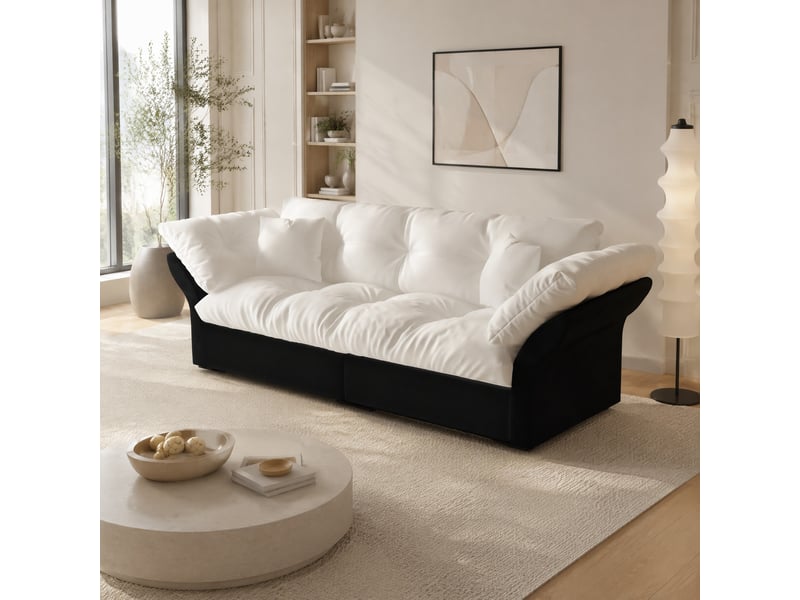  Canapé convertible 3 en 1 190 x 85 x 91 cm en velours avec couchage coulissant et 2 coussins beige et blanc chicfurn  - Conforama B