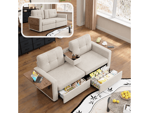 Canapé droit fixe HOMVRA 2 places Tissu beige avec coffre de rangement