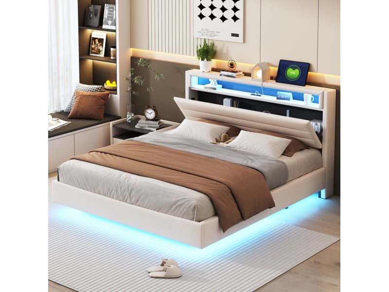  Modenvie lit double rembourré 160x200 cm - avec led et prise usb, sommier inclus - beige  - Conforama B