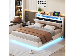Lit avec rangement 160x200 cm <strong>MODENVIE</strong>  <strong></strong> coloris beige