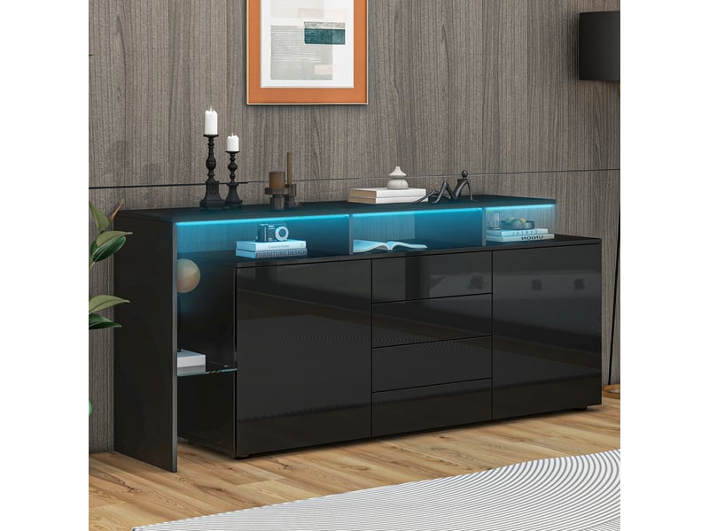 Buffet noir brillant 2 portes 4 tiroirs avec éclairage led 160 cm - Conforama D