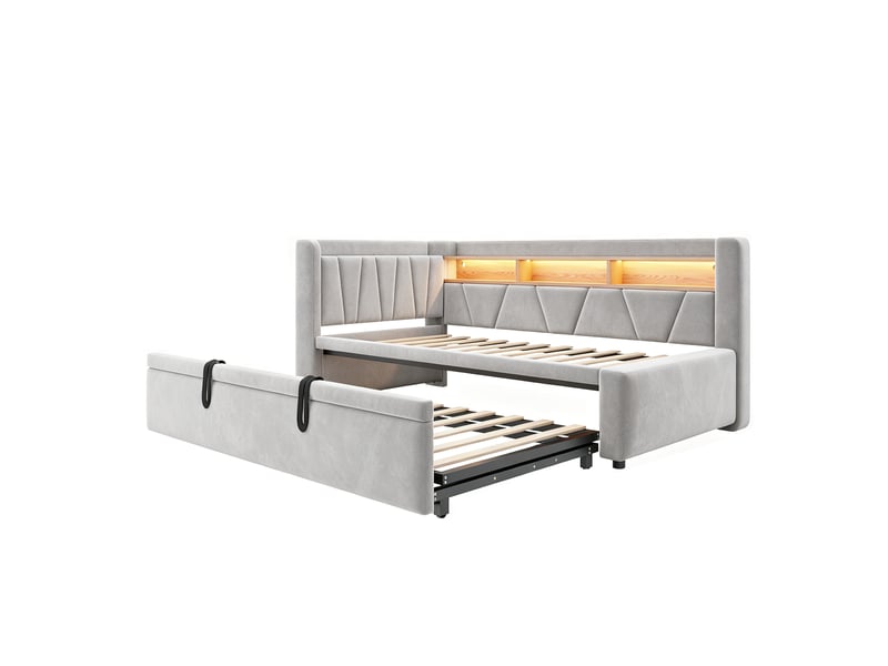  Lit banquette extensible 90 à 180 × 200 cm en velours gris, usb et led IKSETERA TRADING LTD - Conforama W