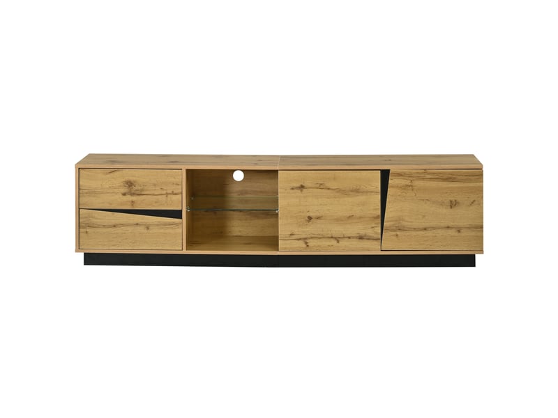  Meuble tv 180x35x45 cm décor bois et noir mdf, 2 tiroirs, 2 portes, led et passage de câbles  - Conforama D