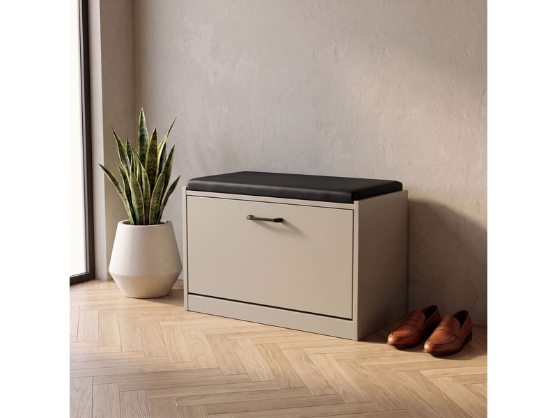  Kaizen - banc d'entrée avec étagère à chaussures 63x47x30 cm, étagère à chaussures pour 9 paires avec coussin, en bois gris tourterelle  - Conforama B