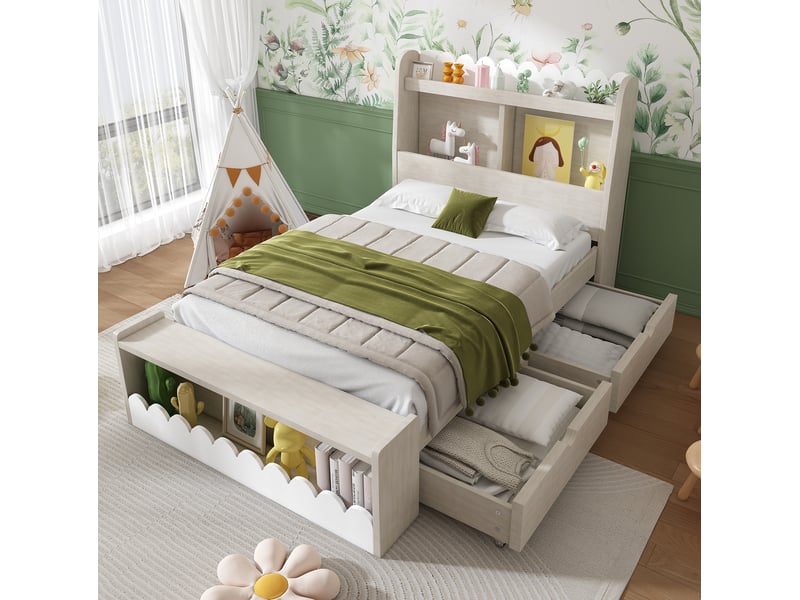  Lit enfant 90 x 190 cm blanc et chêne clair avec tiroirs, étagères et banc de rangement  - Conforama D