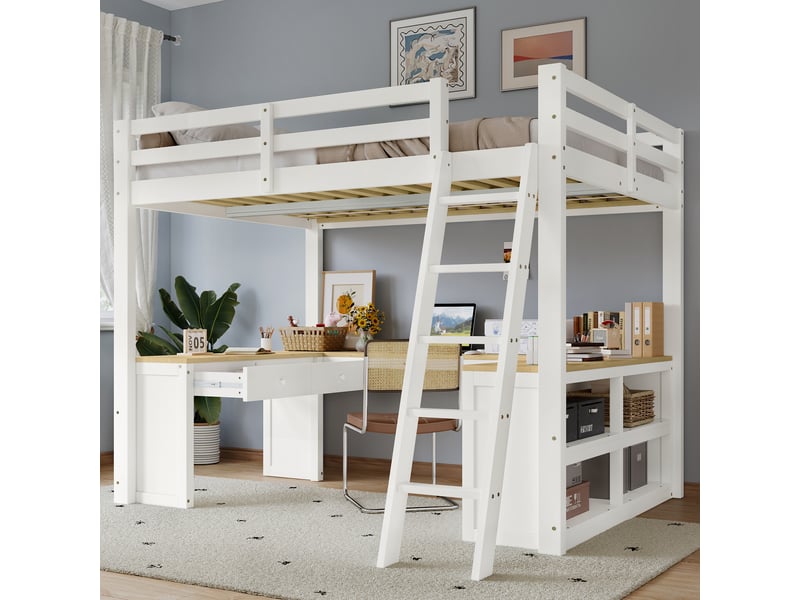  Lit mezzanine 2 places 140 x 200 cm avec bureau en u, 2 tiroirs, étagère, échelle inclinée 5 marches, pin et mdf, blanc et effet bois naturel  - Conforama B