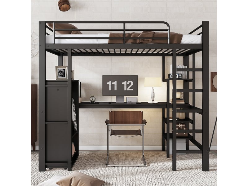  Lit superposé en fer, idéal pour enfants et adolescents, avec table et armoire, nombreux rangements, échelle à 5 marches, fer et panneaux de particules, noir, 90 x 200 cm  - Conforama B