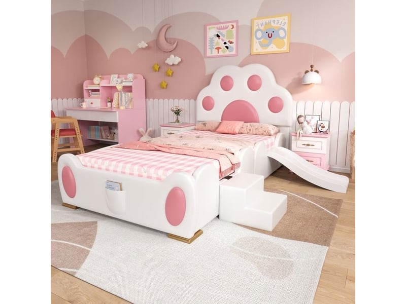  Lit enfant capitonné avec toboggan - tête de lit patte de chat - 90x200 cm - blancrose - surface en pu - échelle à deux niveaux 210x176x97cm - Conforama E