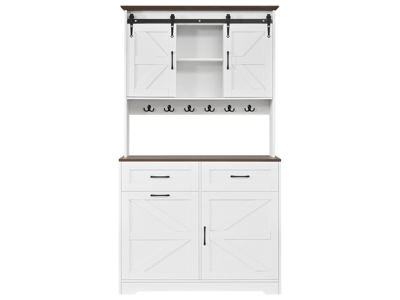  Buffet de cuisine blanc 96 x 40 x 180 cm avec portes coulissantes, 2 tiroirs, étagères ouvertes et plan de travail effet bois foncé, style campagne  - Conforama A