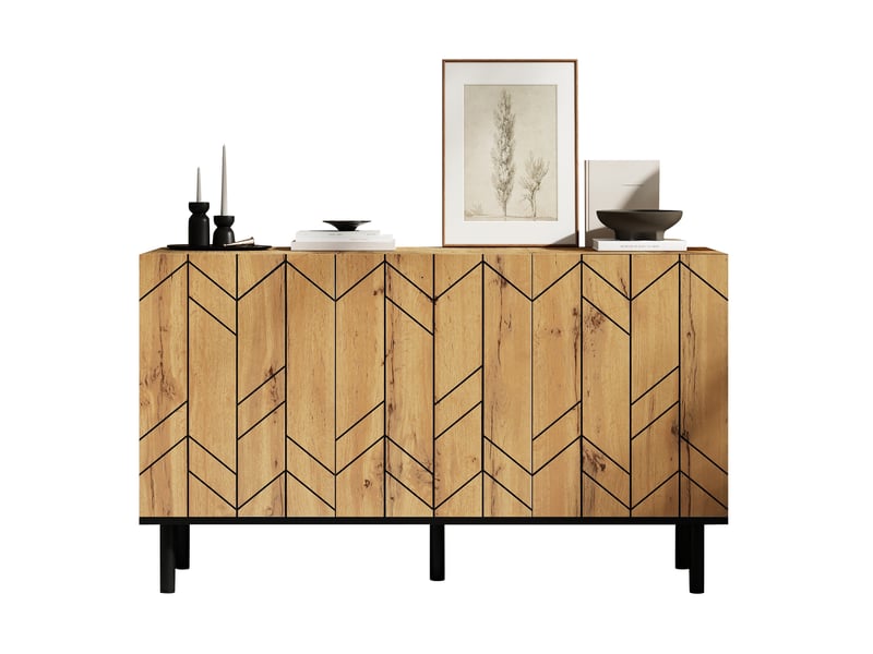  Buffet 120x35x70 cm, 3 portes motif ondulé, bahut de rangement, salon, séjour, panneau de particules et métal, naturel  - Conforama A