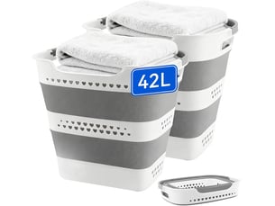 Panier à linge pliable 42 l, lot de 2, corbeilles en plastique avec poignées, gain de place pour maison et salle de bain
