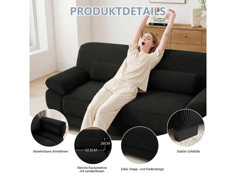  Canapé d'angle modulable 2 places en velours côtelé noir, avec pouf, assise profonde, coussin lombaire, 194×161×94 cm  - Conforama E