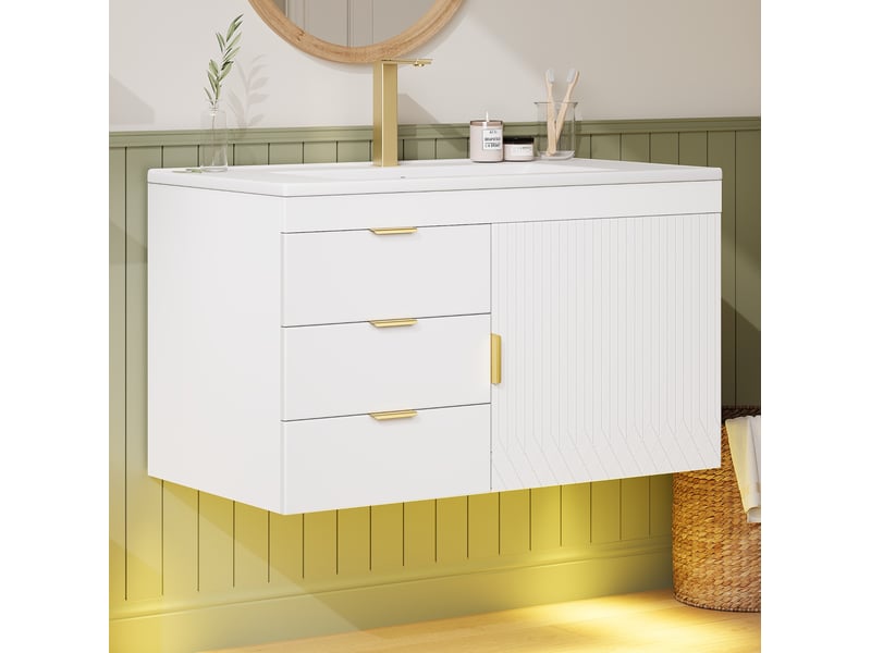 Meuble sous vasque suspendu 76x46x51 cm blanc avec vasque céramique et led - Conforama B