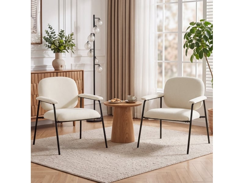  Fauteuil lot de 2 avec accoudoirs rembourrés et dossier profilé, structure en métal, chenille de polyester crème  - Conforama B