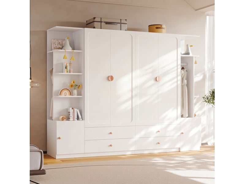 Armoire 6 portes blanche 270 x 45 x 200 cm avec 4 tringles et 4 tiroirs - Conforama B