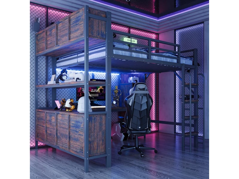  Lit mezzanine 140x200cm - lit enfant avec bureau, surélevé, armoire, étagères, prises eu, led et barrière de sécurité - noir  - Conforama D