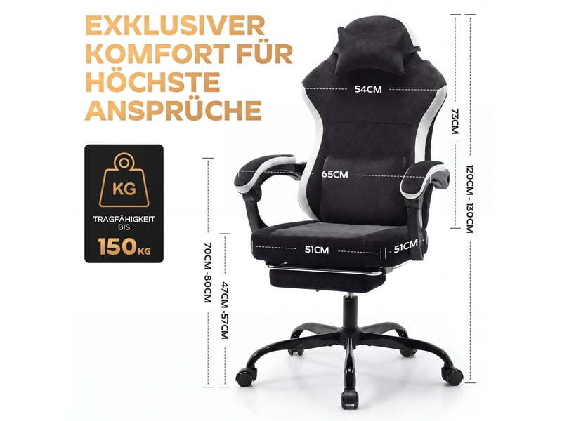  Fauteuil gaming inclinable réglable avec repose-pieds, noir et blanc en tissu  - Conforama B