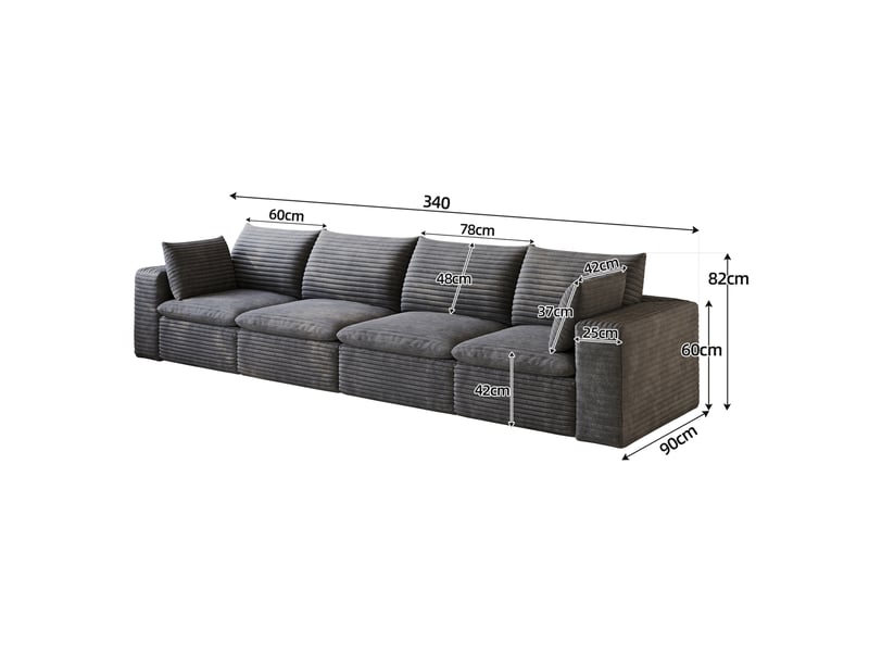  Canapé modulable 4 places 340 cm en velours côtelé gris foncé,avec coussins amovibles, sans montage  - Conforama C