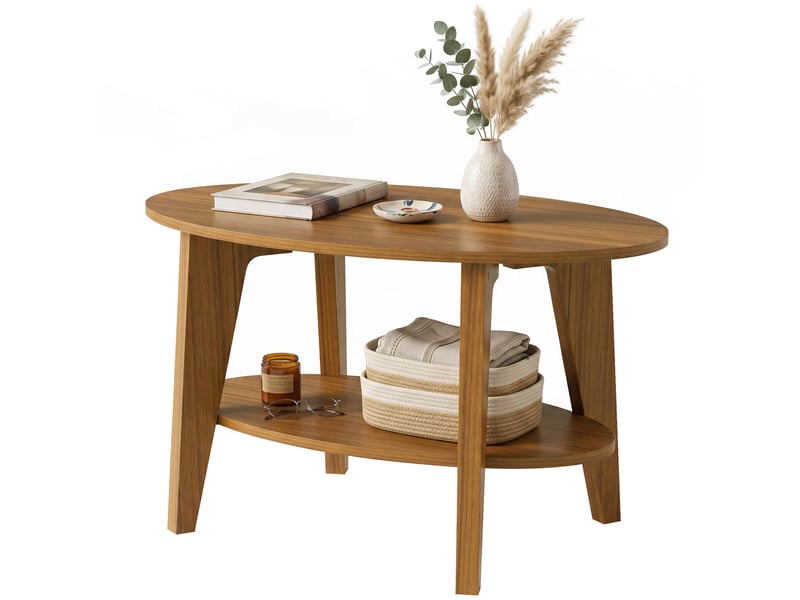  Table basse ovale style campagne chic effet bois chêne moyen avec étagère  - Conforama E