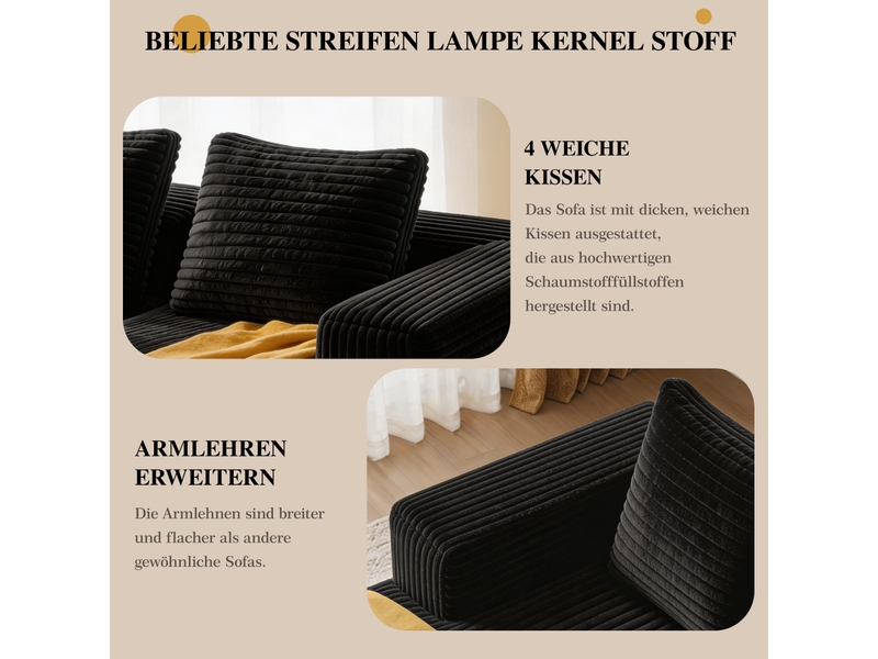  Canapé d'angle noir 2 places en tissu côtelé, structure modulable 2 pièces avec led intégrée  - Conforama R