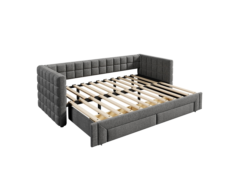  Lit banquette gris 90x200 cm extensible 180 cm avec dossier et 2 tiroirs  - Conforama E