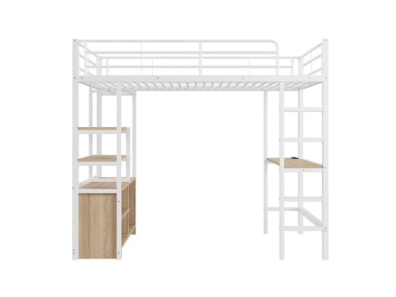  Lit mezzanine avec bureau, prise usb et rangements, métal blanc, 90x200 cm, sans matelas  - Conforama A