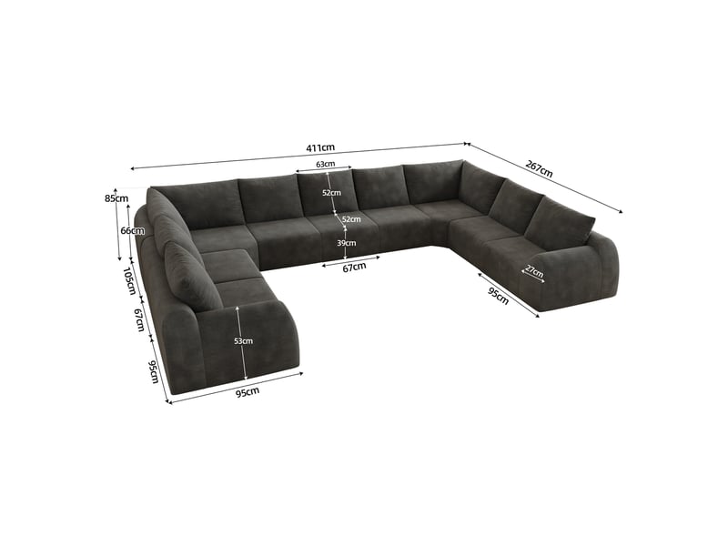Canapé d’angle 9 places en forme u, canapé à compression de mousse, sans montage, chenille, gris foncé, 411x267x85 cm - Conforama C
