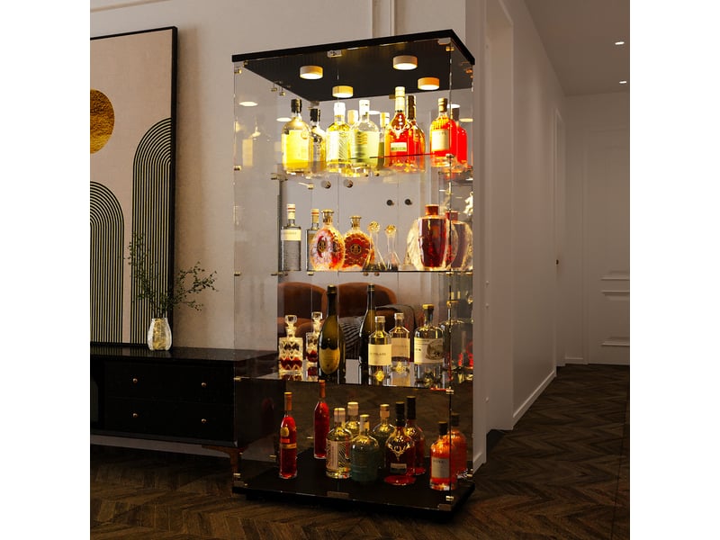  Vitrine en verre avec led- verre trempé miroir- vitrine armoire pour collection-4 niveaux- 2 portes-serrure de sécurité- 80×36×164cm-noir  - Conforama E