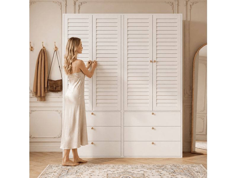  Armoire 4 portes blanche à lamelles, 6 tiroirs et 2 penderies, 180 x 50 x 200 cm, rangement design pour chambre  - Conforama E