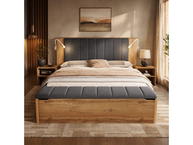 Lit double 180 x 200 cm couleur chêne avec chevets, banc coffre et lampes usb - Conforama C