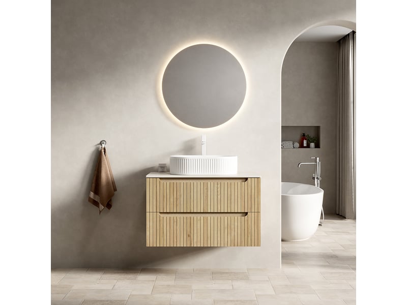  Meuble sous vasque suspendu avec 2 tiroirs à fermeture amortie et vasque ovale en céramique pour salle de bain  - Conforama C