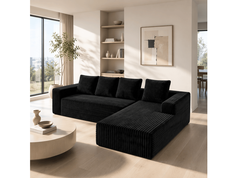  Canapé d'angle modulable modenvie 4 places avec chaise longue 261 x 168 x 58 cm velours côtelé noir  - Conforama E