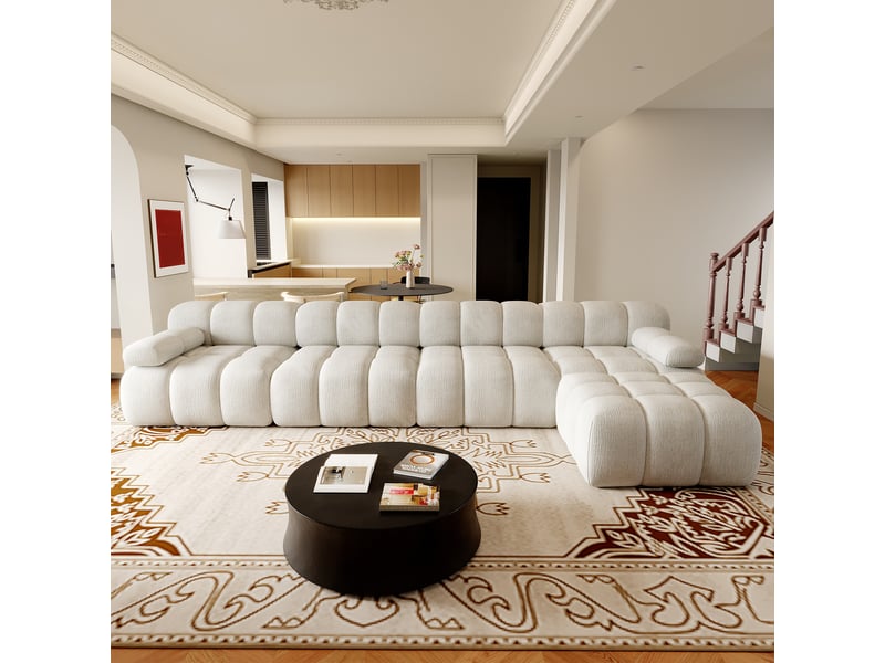  Canapé d’angle en l 5 places 400x200x68 cm sans structure, sans montage, mousse haute résilience, assise profonde, tissu chenille blanc  - Conforama B