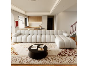 Canapé d’angle en l 5 places 400x200x68 cm sans structure, sans montage, mousse haute résilience, assise profonde, tissu chenille blanc