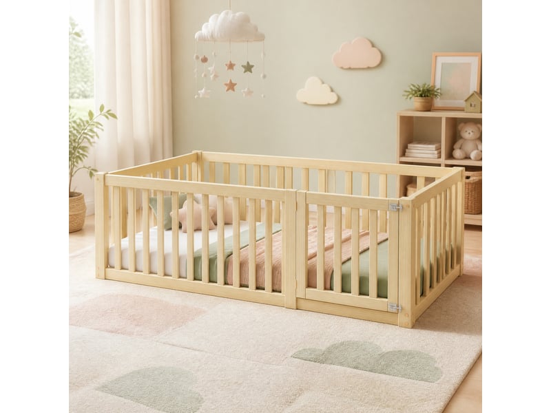 Lit enfant au sol 90x200 cm avec barrière et porte, coloris naturel - Conforama D