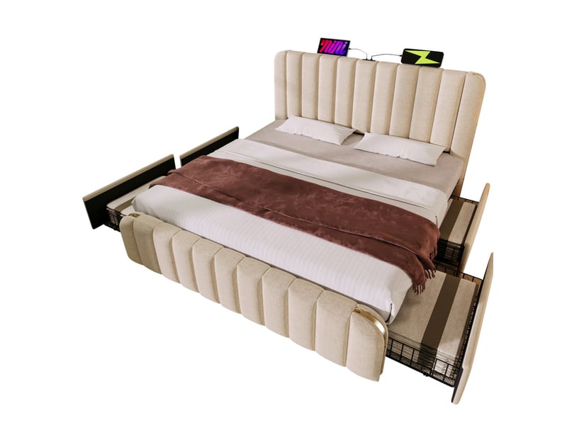  Lit double rembourré beige 180x200 cm avec tête de lit à bandes métalliques, ports usb et usb-c, 4 tiroirs de rangement, structure en métal et sommier à lattes  - Conforama D