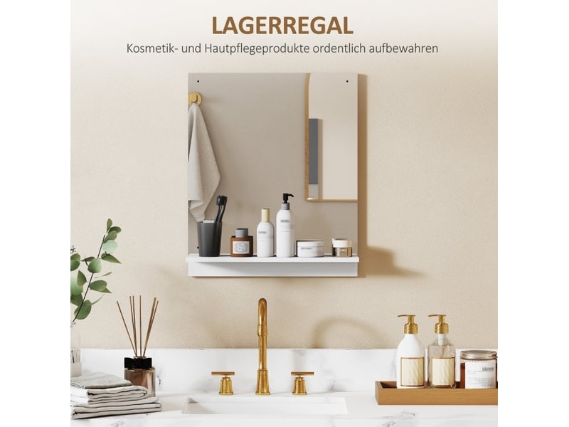  Miroir simple mural avec étagère intégrée pour salle de bain et entrée en panneau de particules blanc 50 × 14 × 60 cm  - Conforama D