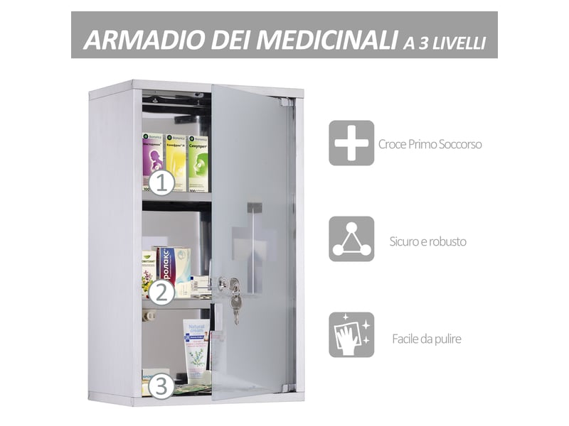 Armadietto médicinali 50x30x18cm cassetta mobile bagno primo soccorso in acciaio inox con serratura  - Conforama E