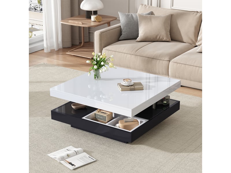  Table basse pivotante 360 avec rangement, table de salon blanc et noir haute brillance, 70x70x36 cm  - Conforama D